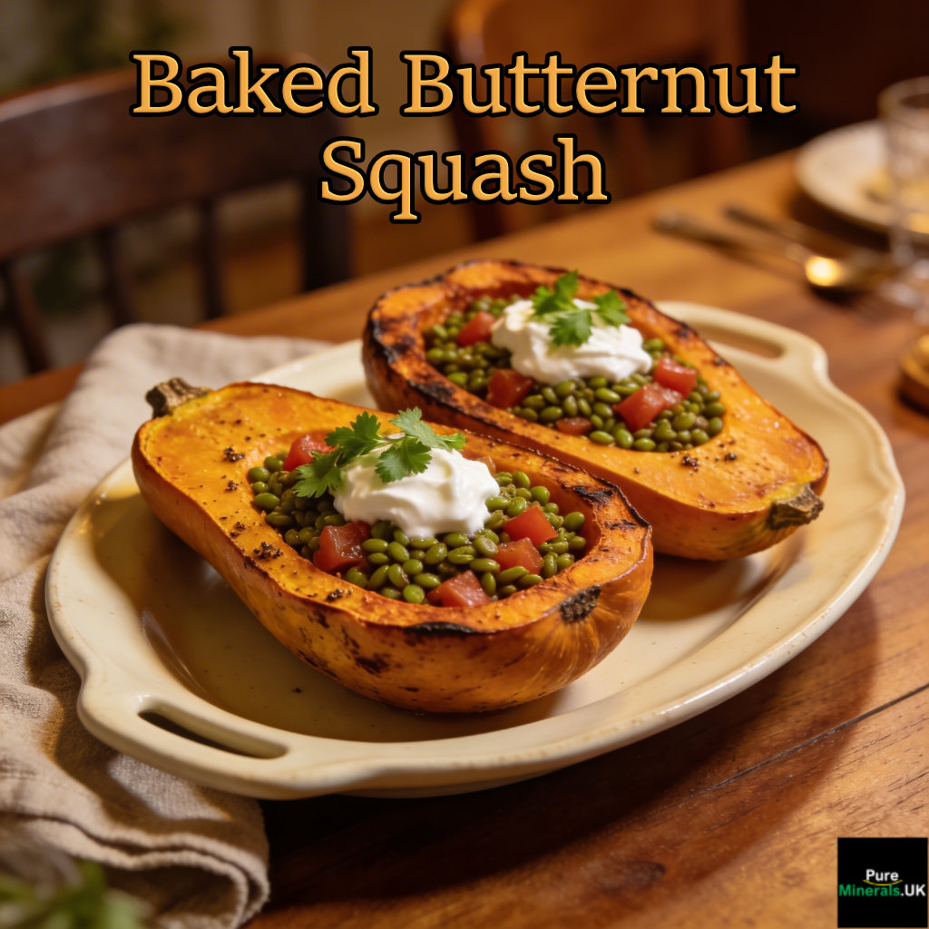 Baked Butternut Squash With Lentils on a china serving plate on a dining room table.