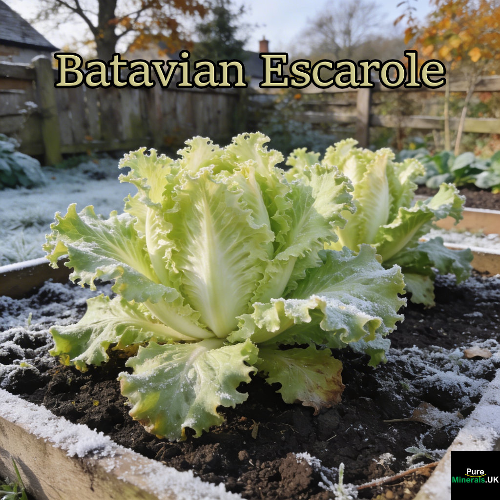 Batavian (Escarole) ‘Bubikopf’ endive with broad pale-green leaves growing in a raised bed in an English garden during late autumn.