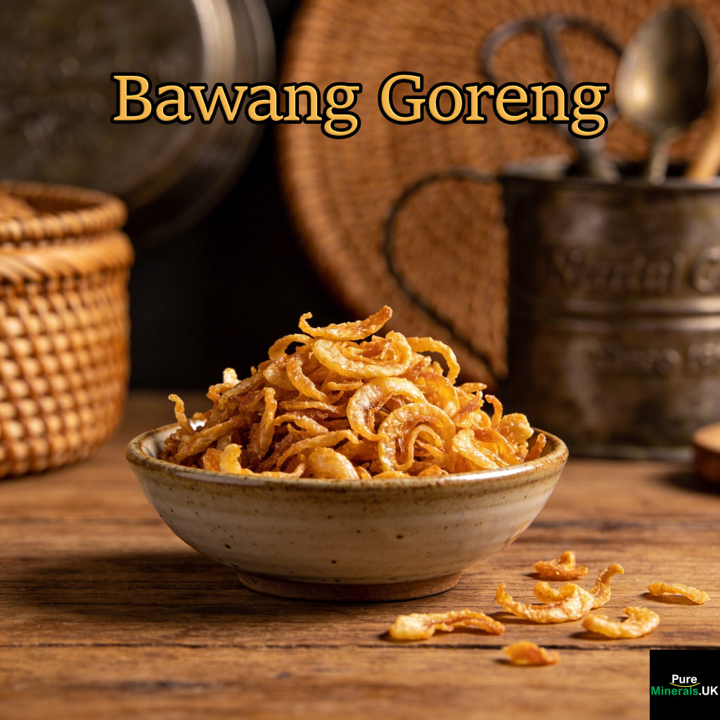Indonesian bawang goreng (crispy fried shallots), golden brown and crunchy, served in a small bowl on a wooden surface in an Indonesian kitchen.