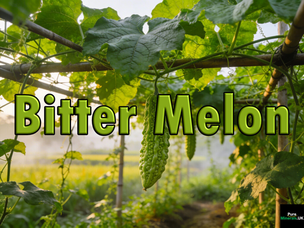 Bitter melon vines climbing trellises with ridged green fruits hanging in a humid East Asian farm setting.