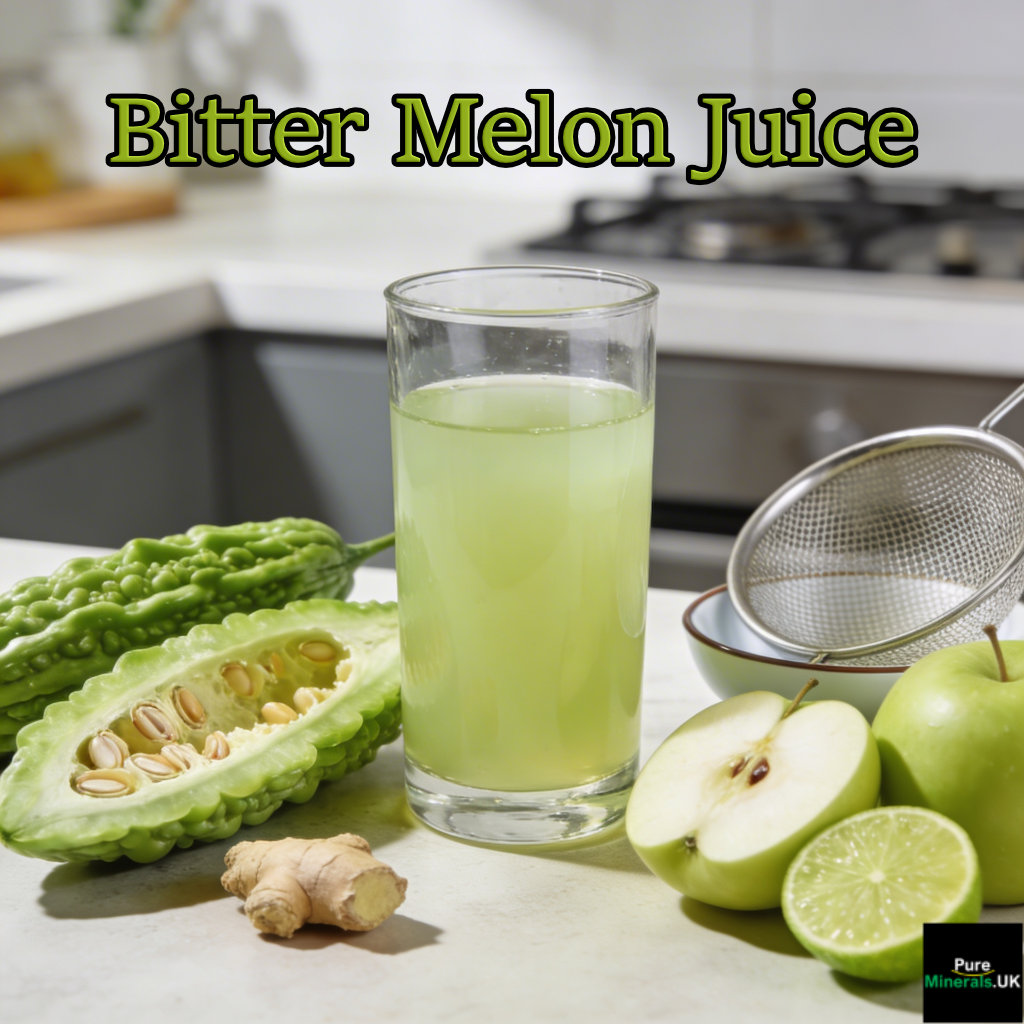 Glass of pale green bitter melon juice on a kitchen counter with halved bitter melon, green apple, ginger, and lime nearby.