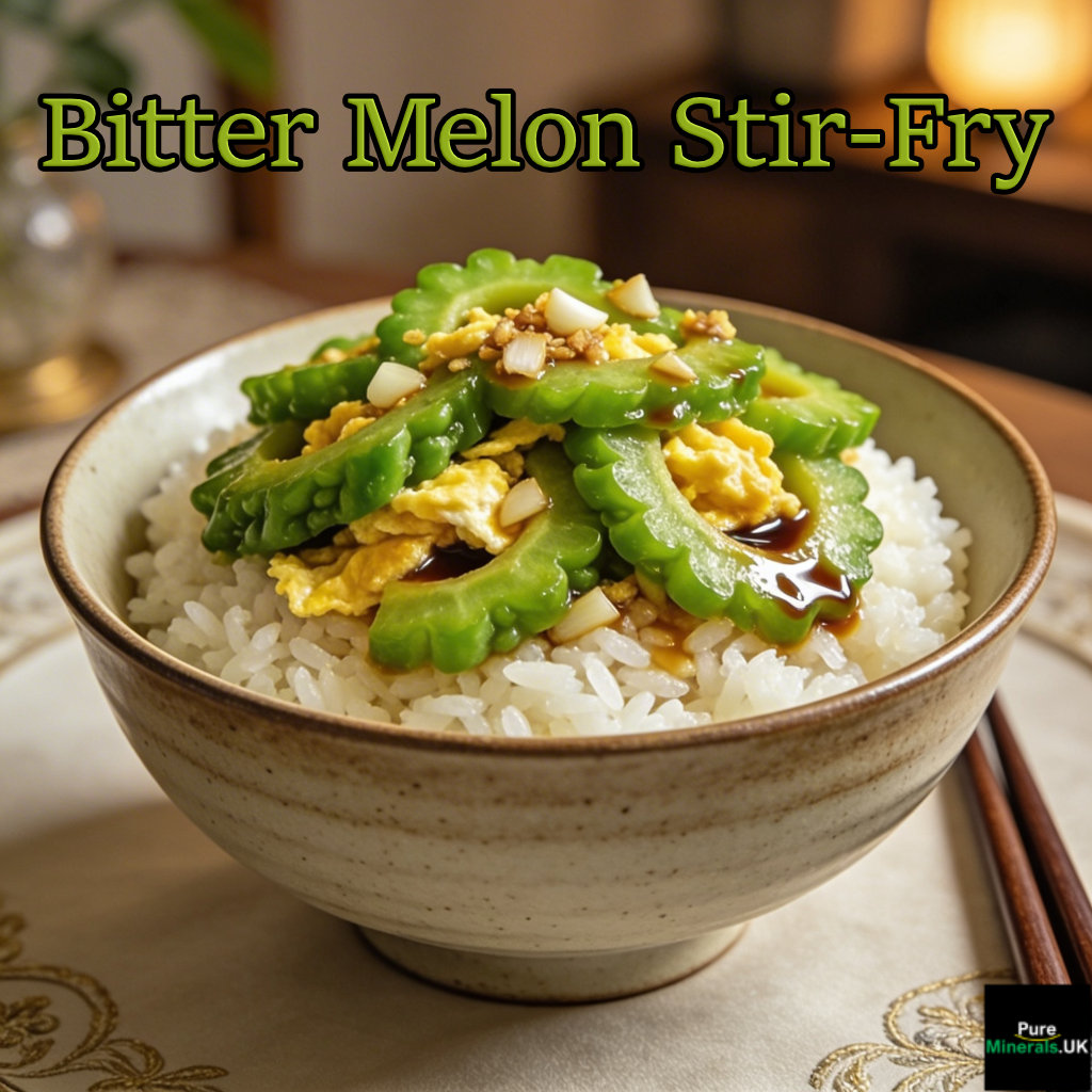 Bowl of bitter melon stir-fry with scrambled egg and garlic served over jasmine rice in a warmly lit dining room.