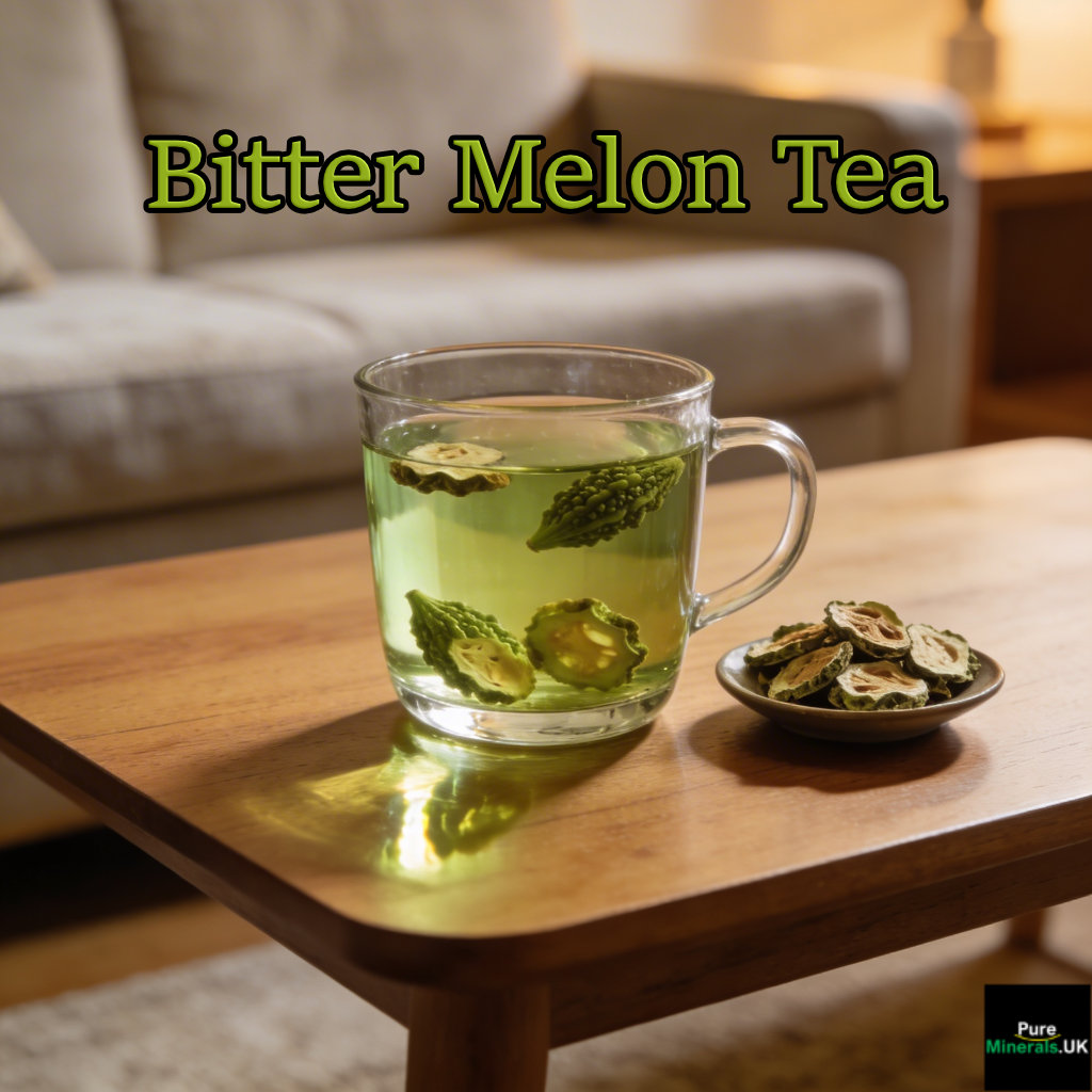 Clear glass cup of bitter melon tea with dried melon slices on a wooden coffee table in a cozy lounge setting.