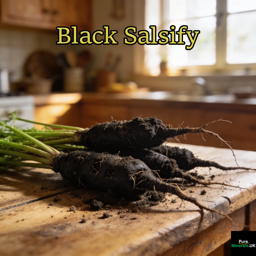 Freshly pulled black salsify taproots with dark, rough skin and traces of soil, resting on a rustic wooden table in a kitchen.