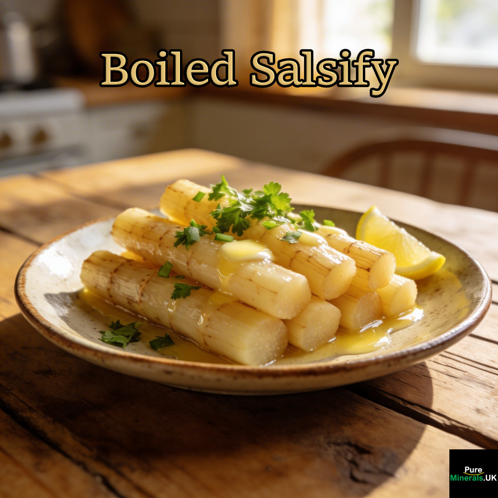 Cooked salsify cut into batons, glistening with melted butter and garnished with chopped parsley and lemon, served on a ceramic plate on a rustic wooden table in a kitchen.