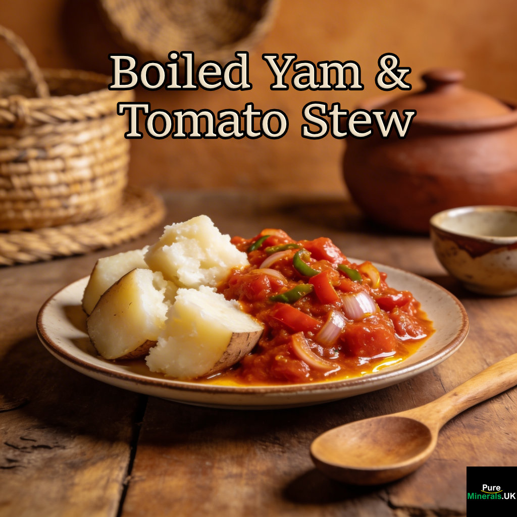 Boiled yam chunks served with thick red tomato stew made from tomatoes and peppers, plated on a wooden table in a warmly lit Nigerian kitchen with a rustic background.