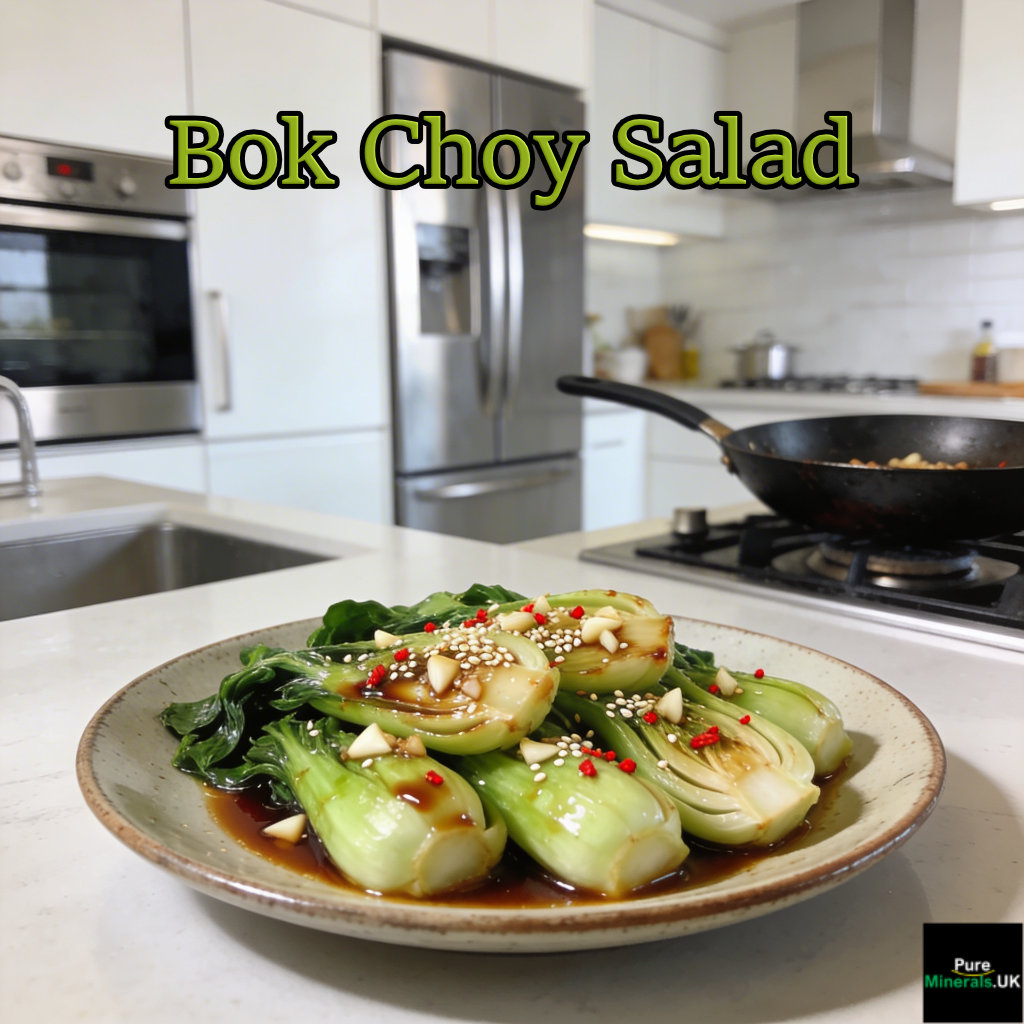 Bowl of raw bok choy salad with purple cabbage, julienned carrots, edamame, and scallions in a Chinese kitchen.