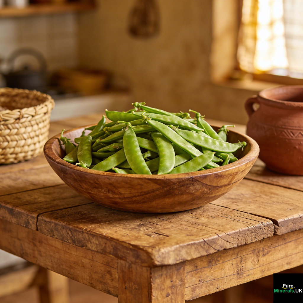 Fresh snap peas in a bowl on a wooden table in a Zimbabwean kitchen, with bright green pods