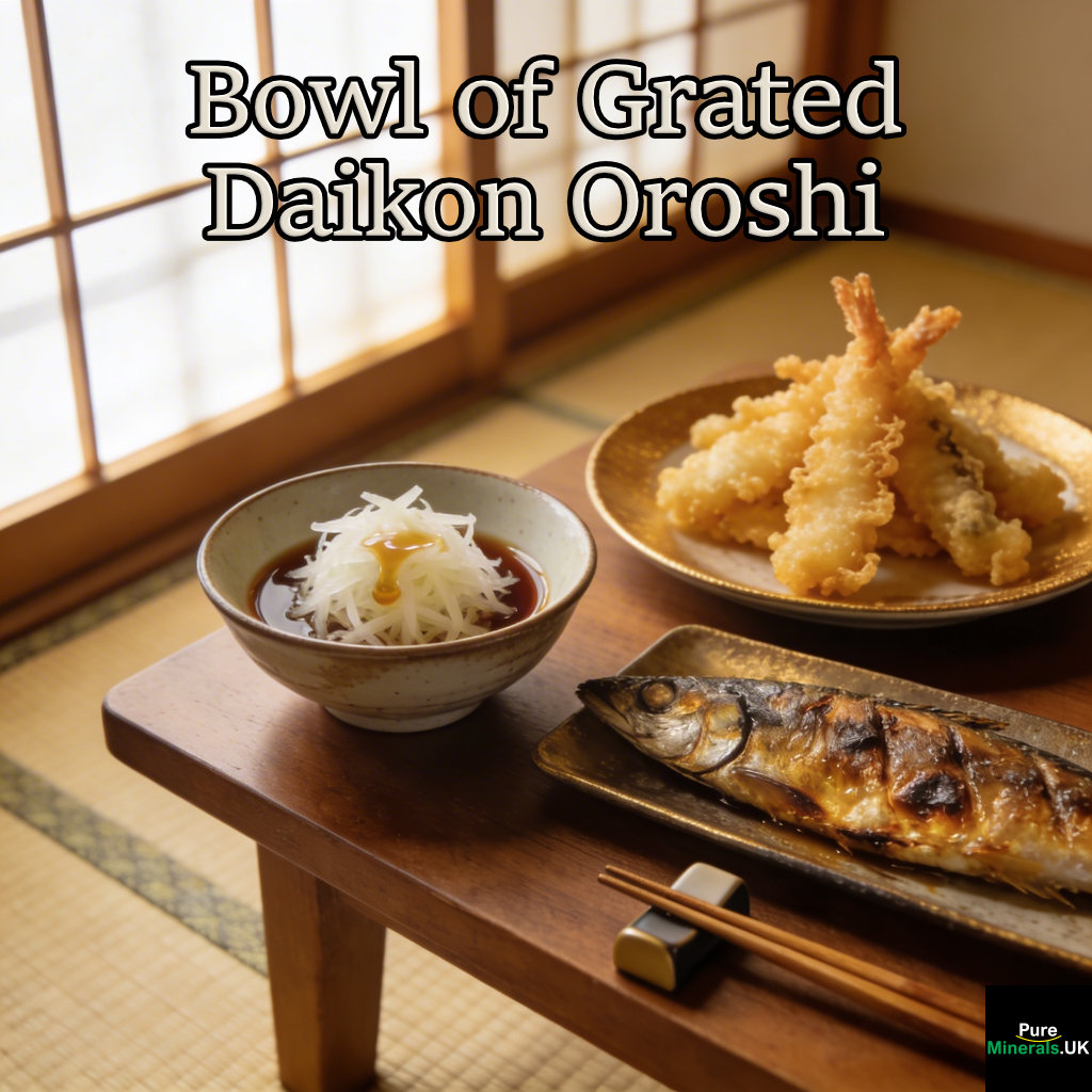 Small bowl of grated daikon oroshi with soy sauce served beside grilled fish and tempura on a wooden table in a traditional Japanese dining room.