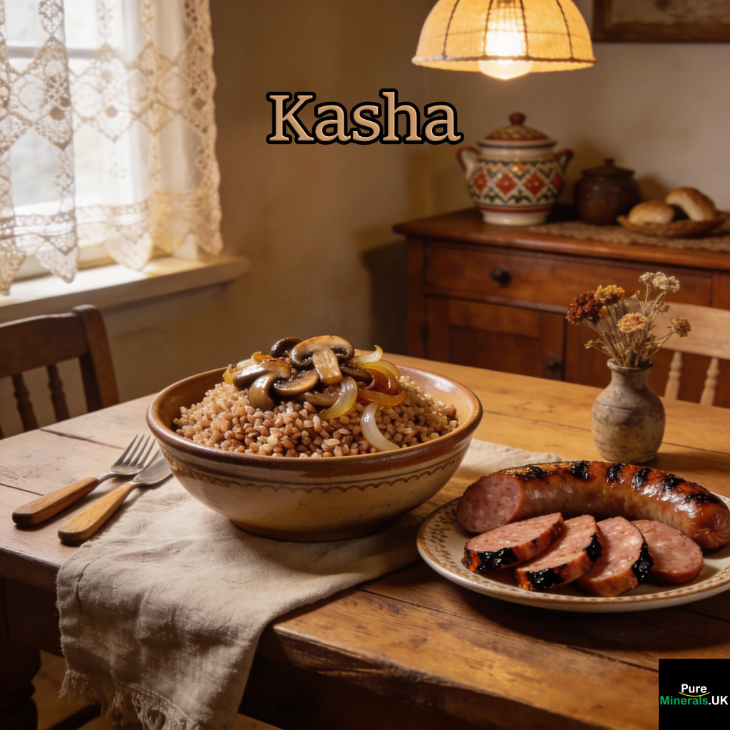 A bowl of kasha made from roasted buckwheat groats served with sautéed mushrooms, onions, and sliced sausage on a table in a cozy Polish dining room.