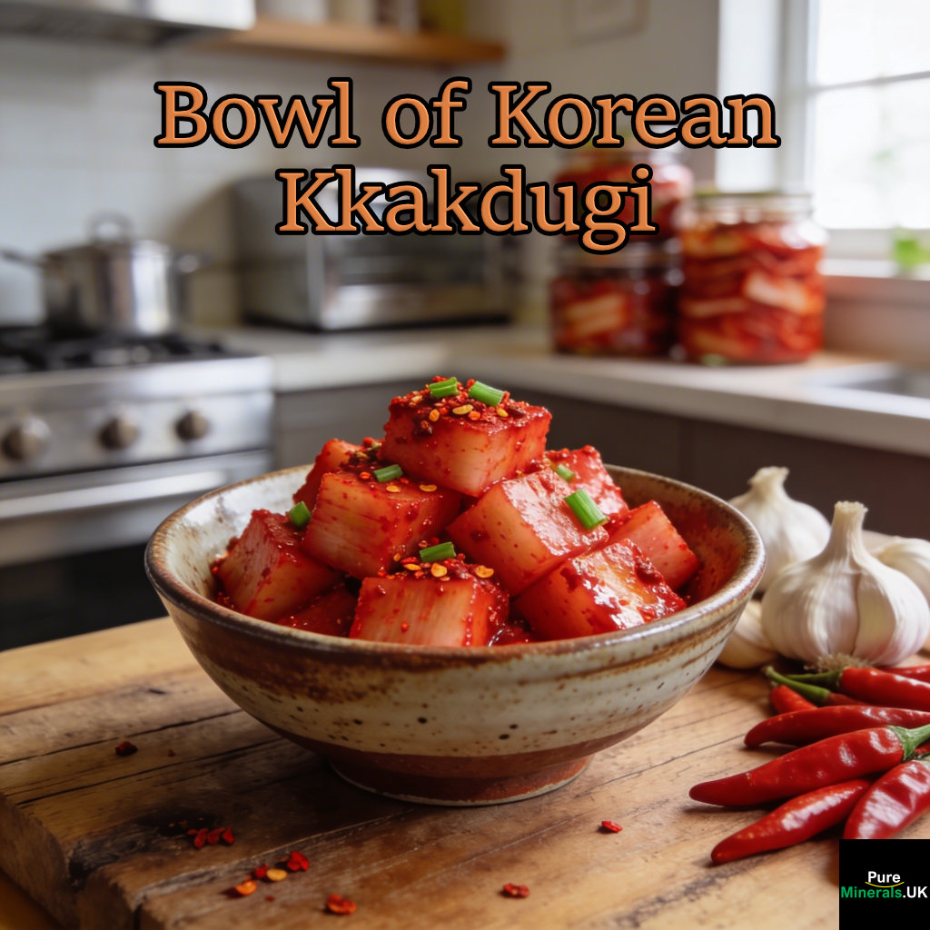 Bowl of kkakdugi—cubed daikon kimchi coated in red chili paste with green onions—on a wooden countertop in a Korean kitchen.