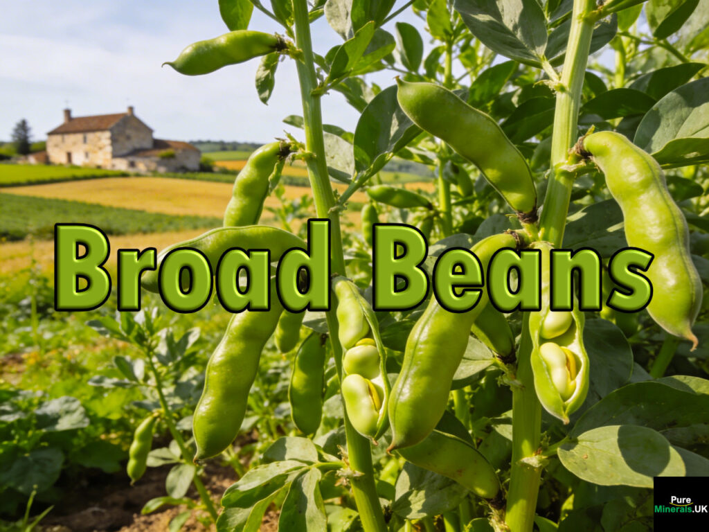 Ready-to-harvest broad beans with plump green pods in a sunny French farm setting.