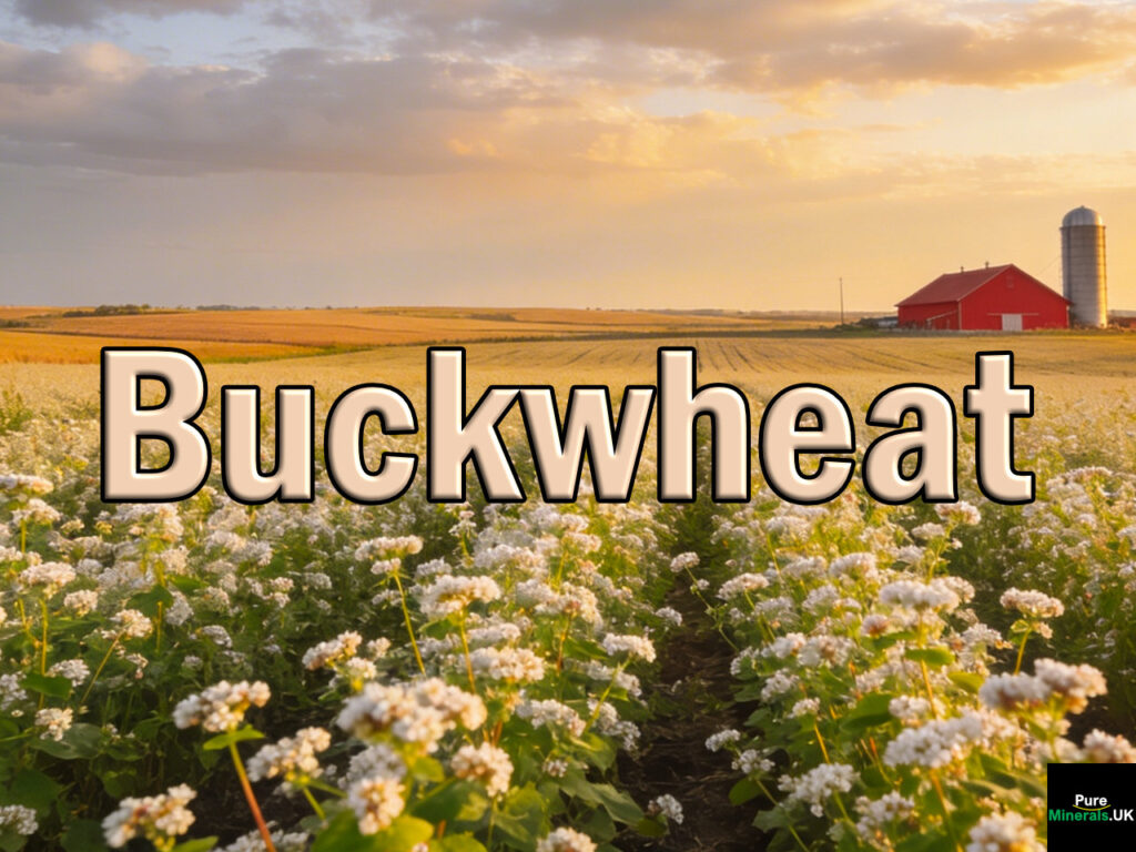A wide North Dakota farm with fields of blooming buckwheat plants covered in small white flowers under a vast sky, with a red barn in the distance.