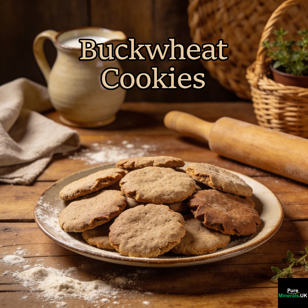 A plate of rustic buckwheat flour cookies on a wooden table in a cozy Polish kitchen, with a rolling pin and light flour dusting nearby.