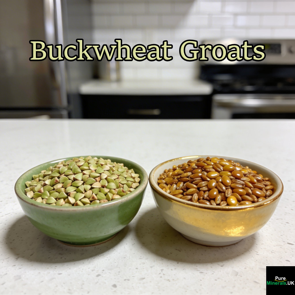 Two bowls of buckwheat groats on a modern kitchen countertop, one with greenish raw groats and the other with golden brown roasted groats (kasha), shown side by side under soft natural light.