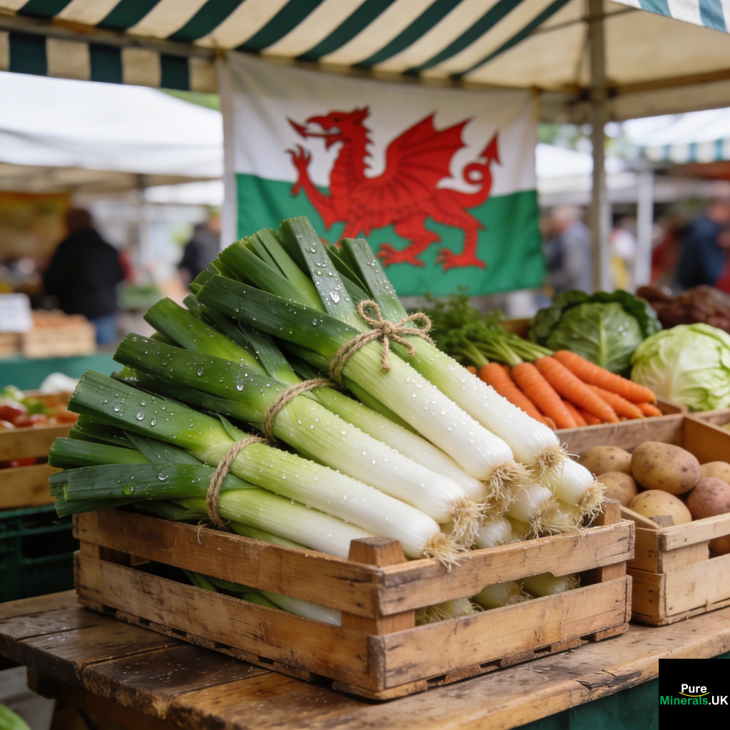 Bundles of fresh leeks stacked in wooden crates at a Welsh outdoor market stall with a striped canopy and Welsh flag in the background.