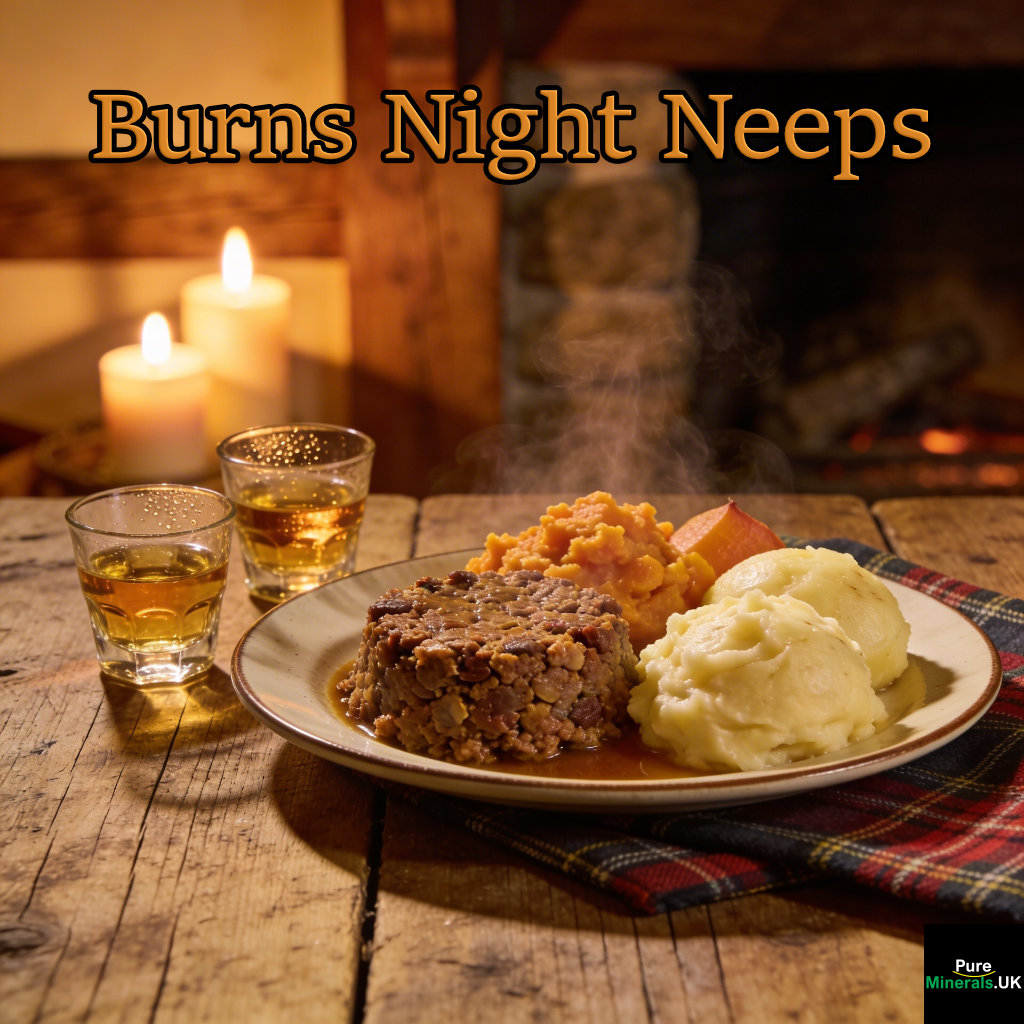 A traditional Burns Night meal with haggis, neeps, and tatties on a rustic plate, accompanied by small glasses of Scottish whisky, set on a tartan-covered table in a warm, candlelit Scottish interior.
