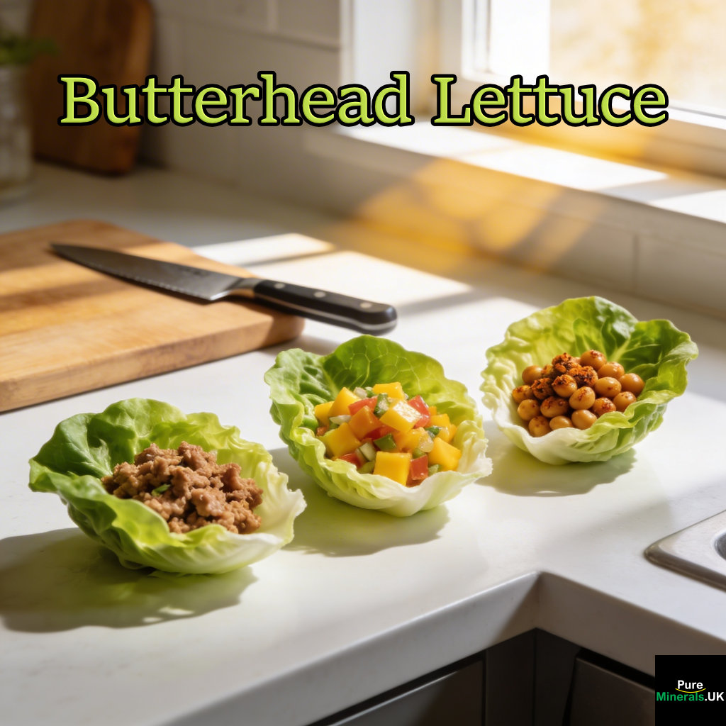 Butterhead lettuce wraps filled with ground turkey, mango salsa, and spiced chickpeas arranged on a kitchen counter.