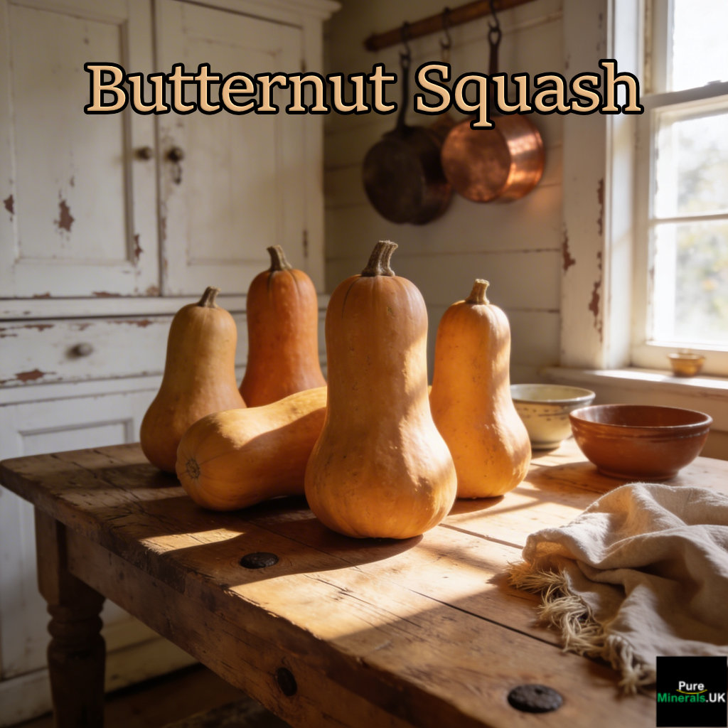 Butternut squash on a farmhouse kitchen table.