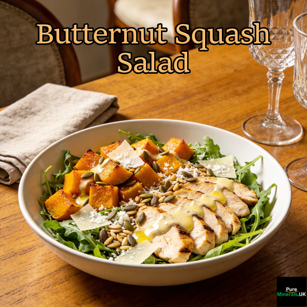 Butternut Squash Salad With Arugula and Chicken in a bowl on a dining room table.