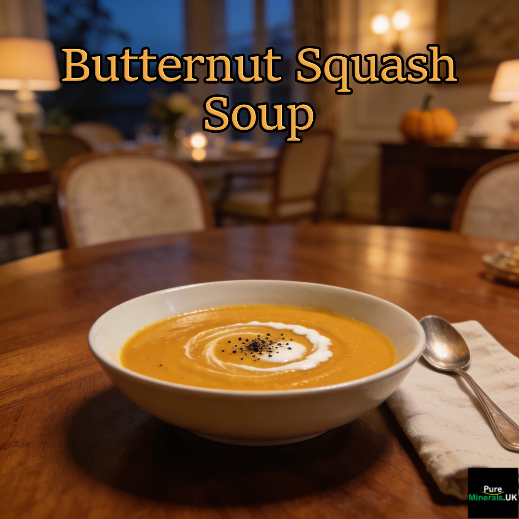 Butternut Squash Soup in a soup bowl on a dining room table.