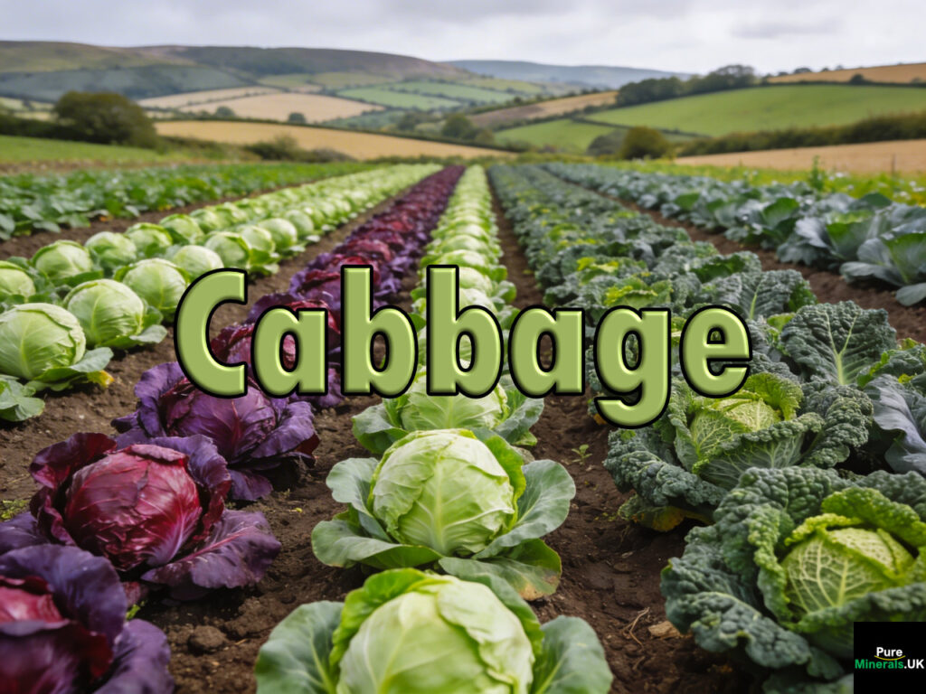 Green, red, and savoy cabbages growing in neat rows on a UK farm under soft overcast skies.