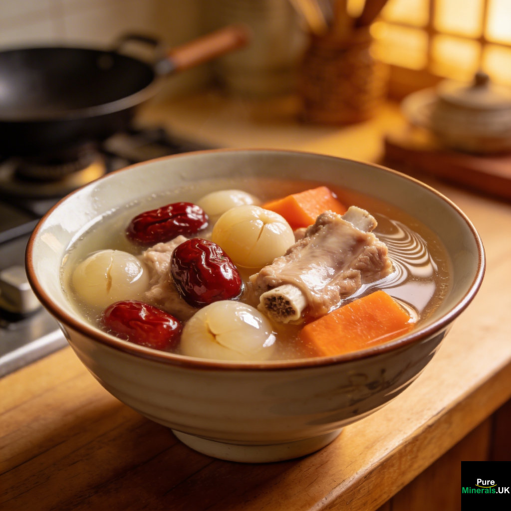 Cantonese water chestnut and pork ribs soup with clear broth, pork ribs, halved water chestnuts, red dates, and carrots, served in a traditional bowl in a Cantonese kitchen.