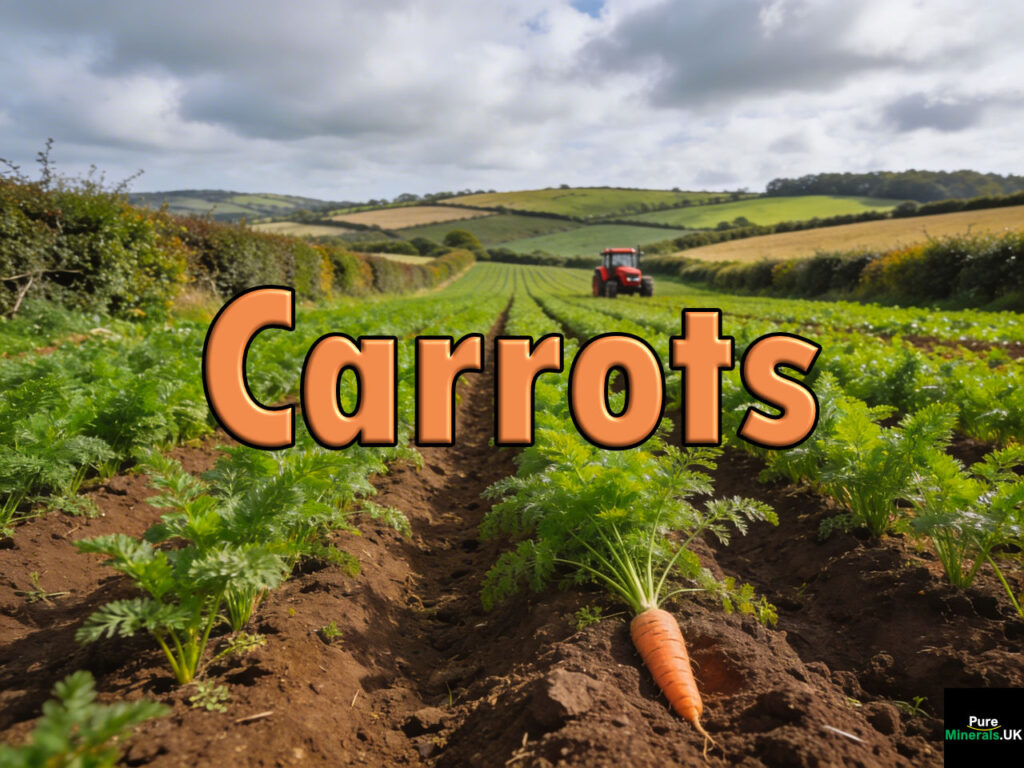 Rows of carrots growing in a UK farm field with green carrot tops stretching across cultivated soil.