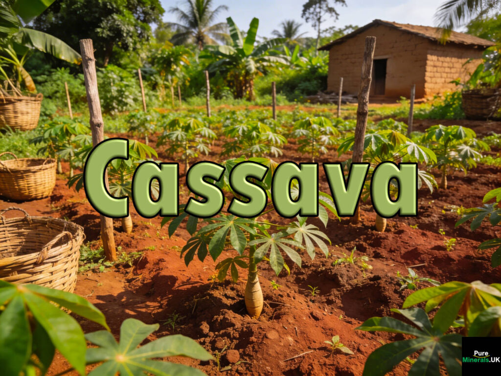 Cassava (yuca) plants growing in rows on a smallholder farm in Nigeria, with green palmate leaves rising from reddish soil and a simple rural farmhouse in the background.