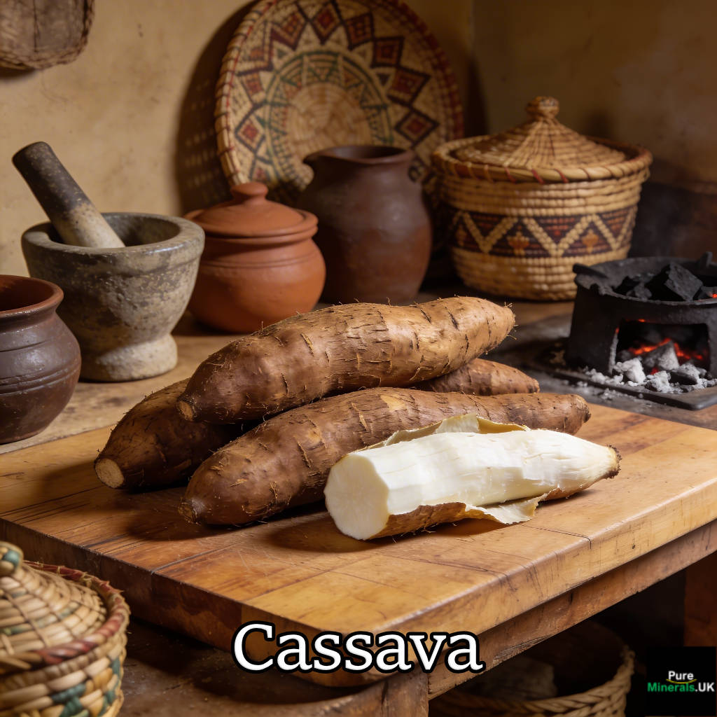 Fresh cassava roots, both whole and peeled, arranged on a wooden table in a traditional Nigerian kitchen with clay pots and a mortar and pestle.