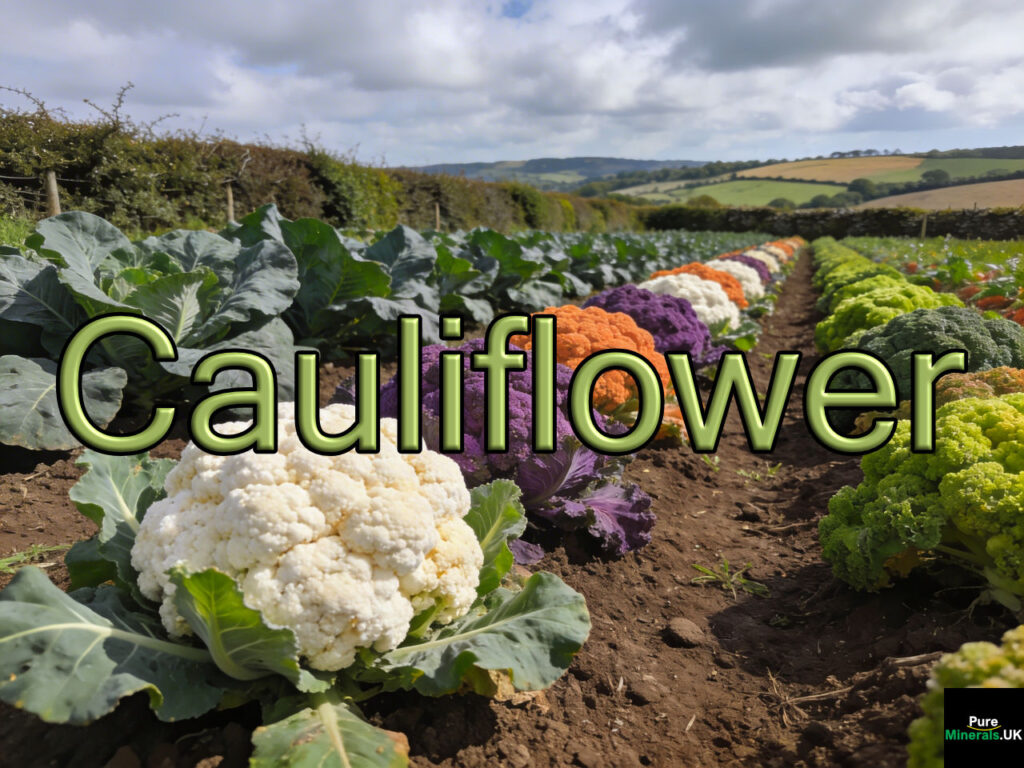 Cauliflower: rows of white, purple, orange, and green broccoflower cauliflowers growing in an English farm field under soft daylight.