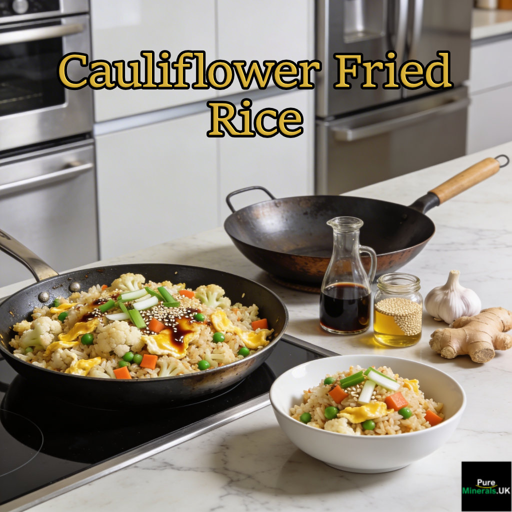 A bowl and skillet of cauliflower fried rice with eggs, peas, carrots, and scallions on a modern kitchen countertop.