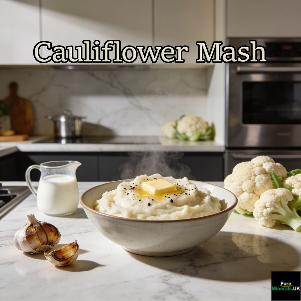 A bowl of creamy cauliflower mash topped with melted butter and black pepper on a modern kitchen countertop.