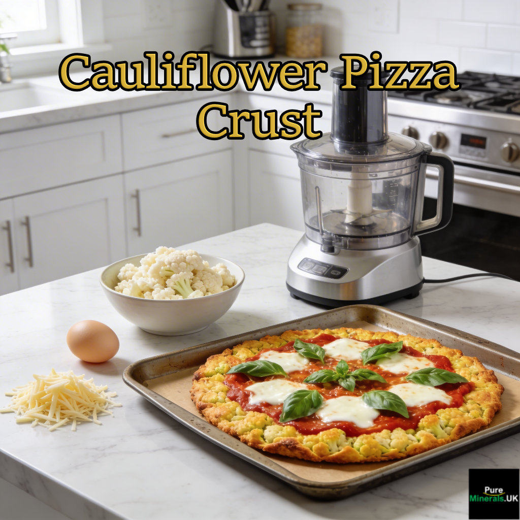 A baked cauliflower pizza crust topped with tomato sauce, melted mozzarella, and basil on a baking tray in a modern kitchen.