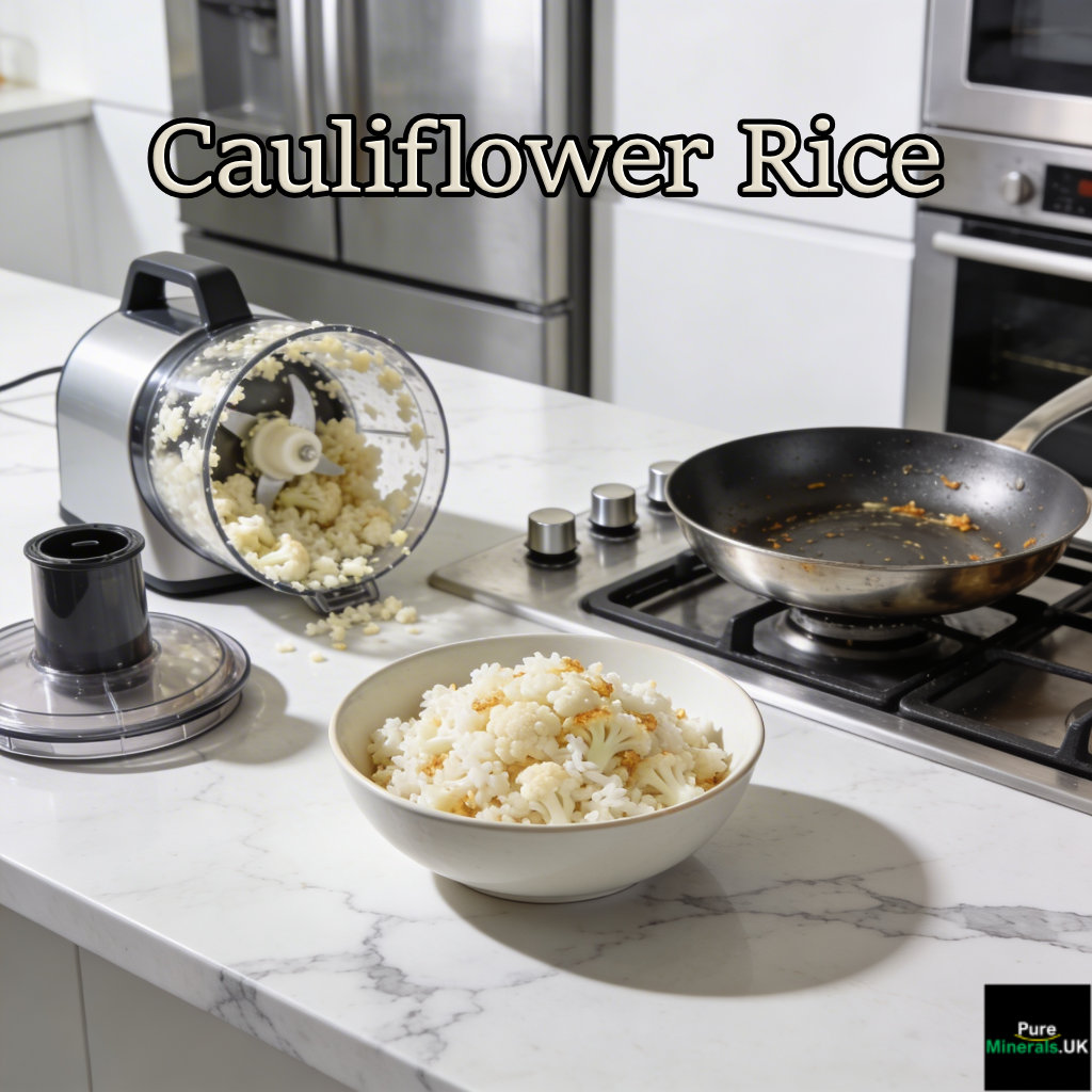 A bowl of cauliflower rice on a modern kitchen countertop, with a food processor containing cauliflower florets and a skillet nearby.