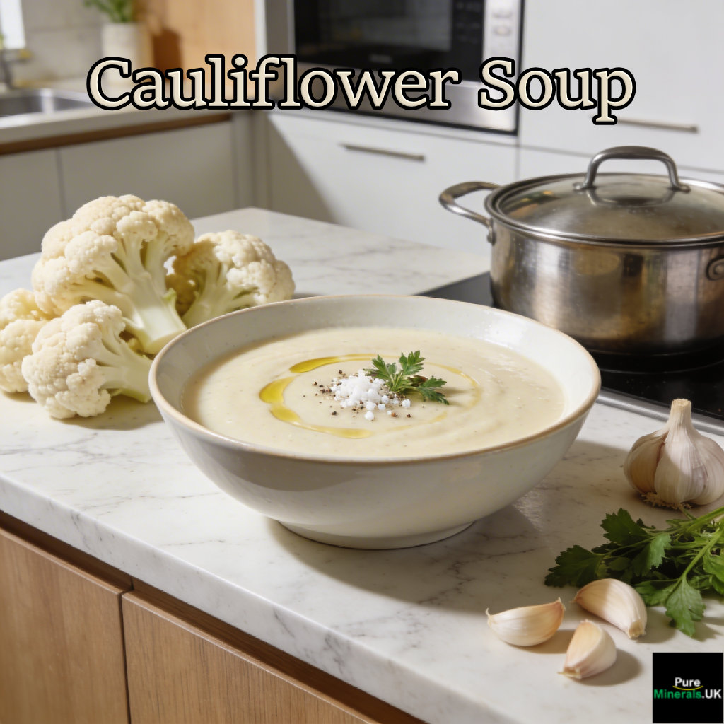 A bowl of creamy cauliflower soup garnished with olive oil and herbs on a modern kitchen countertop.
