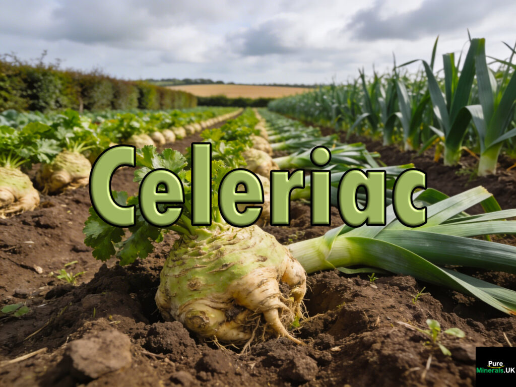 Rows of celeriac bulbs and tall green leeks growing in an English commercial farm field.