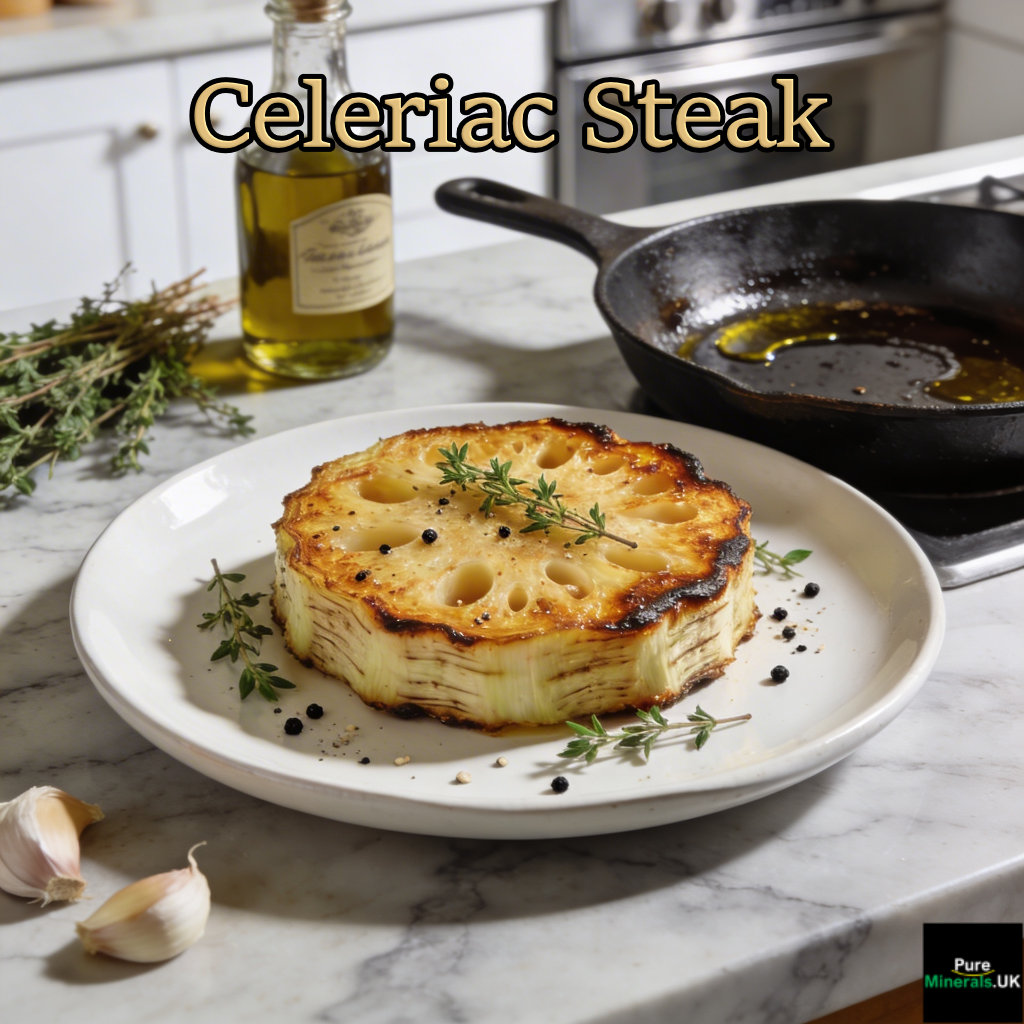 A golden-brown seared celeriac steak garnished with thyme on a plate in a modern kitchen.