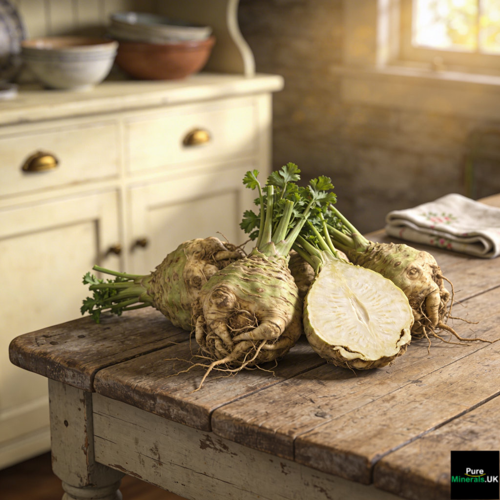 Whole and halved celeriac swollen stems on a wooden table in an English farmhouse kitchen.