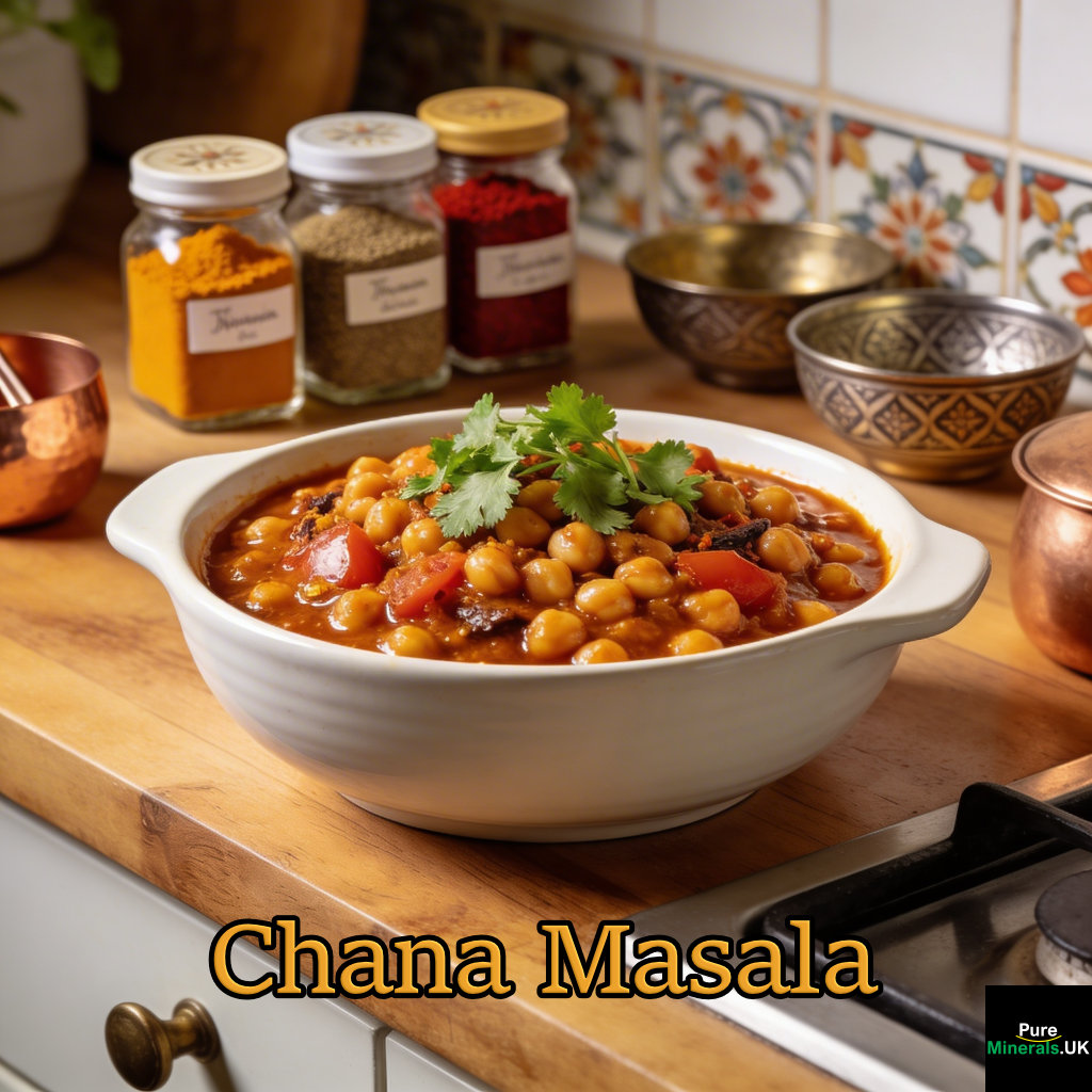 A bowl of chana masala chickpea curry garnished with fresh coriander in a warm Indian kitchen, surrounded by spices and metal cookware.