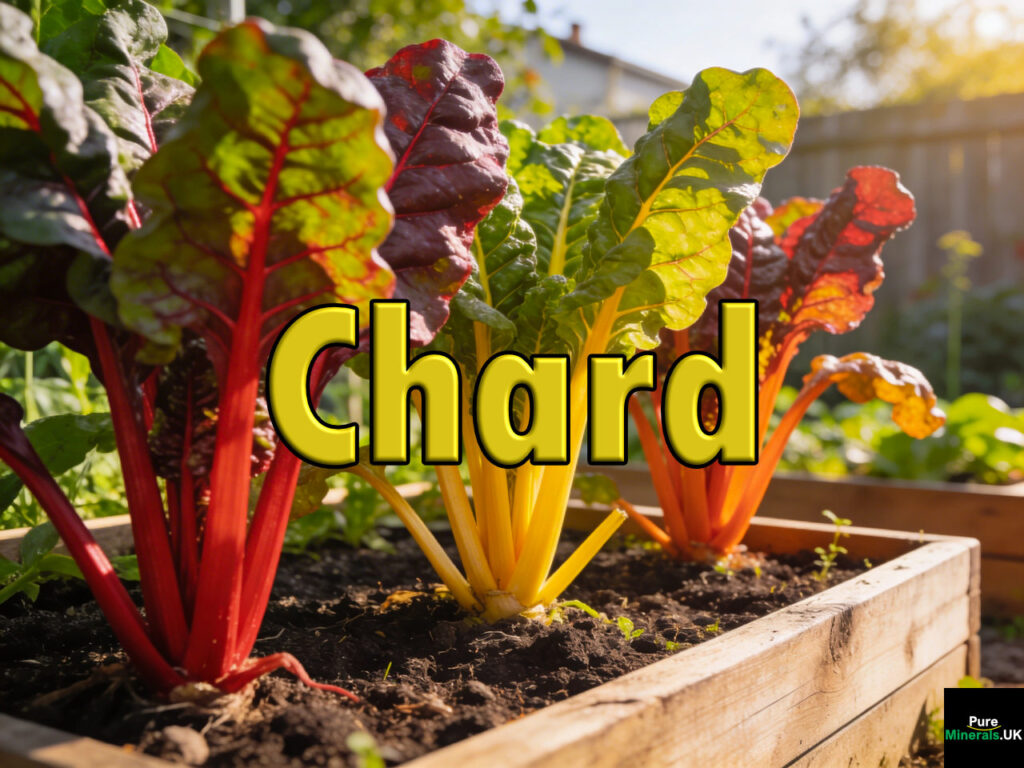 Colorful Swiss chard plants with red, yellow, and orange stems growing in a garden bed.
