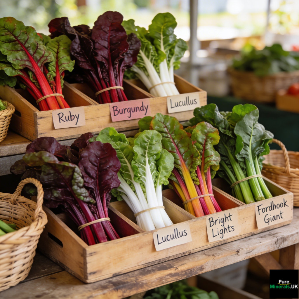 Ruby, Burgundy, Lucullus, Bright Lights, and Fordhook Giant chards on sale at the market.