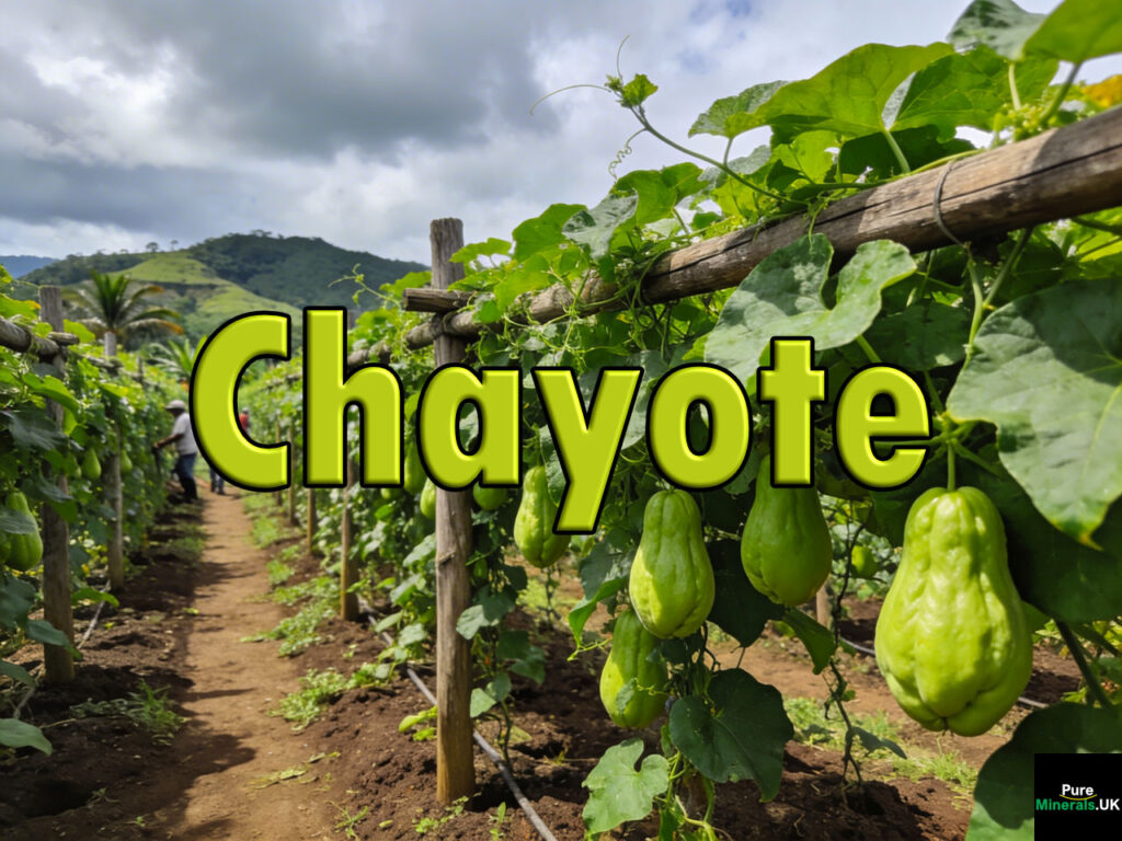 Chayote vines growing on trellises in a commercial farm field in Guatemala with light green fruits hanging beneath the leaves.