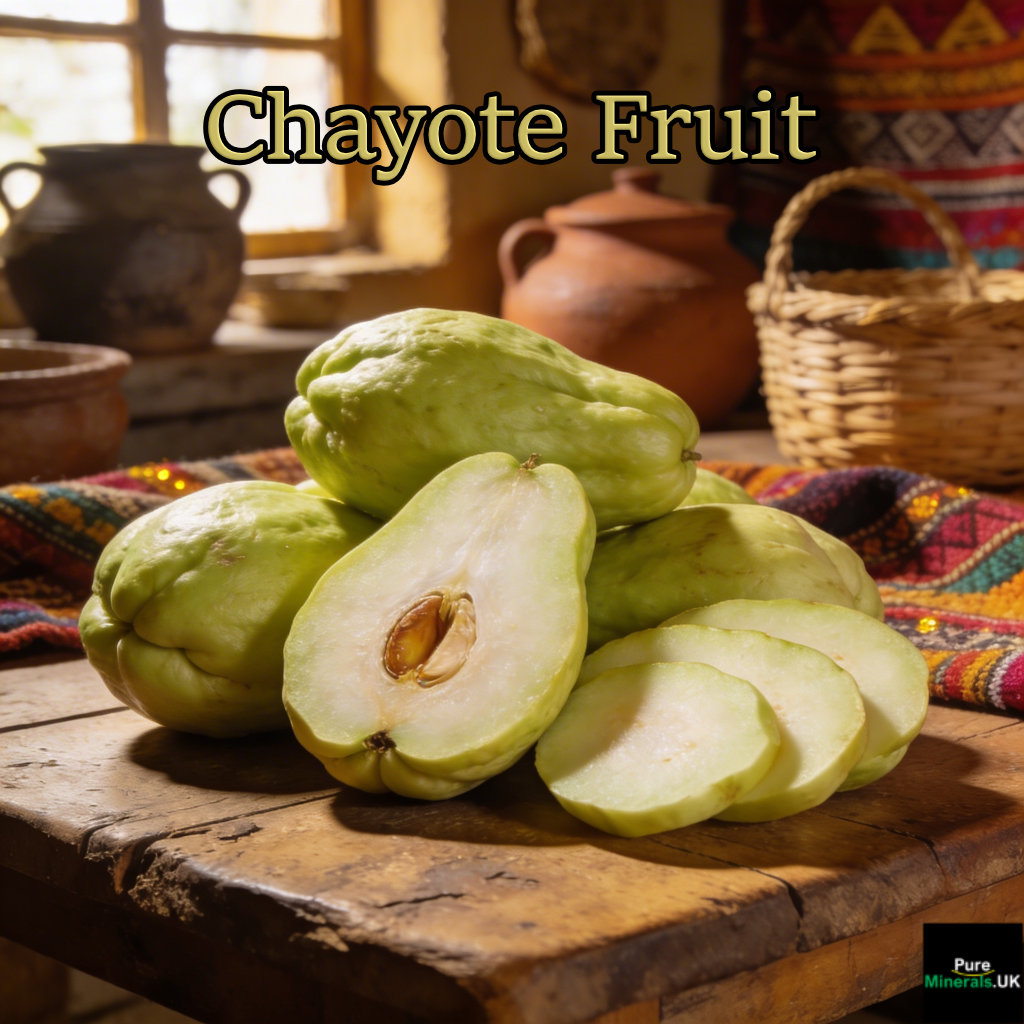 Whole and halved chayote fruits on a wooden table in a traditional Guatemalan kitchen.