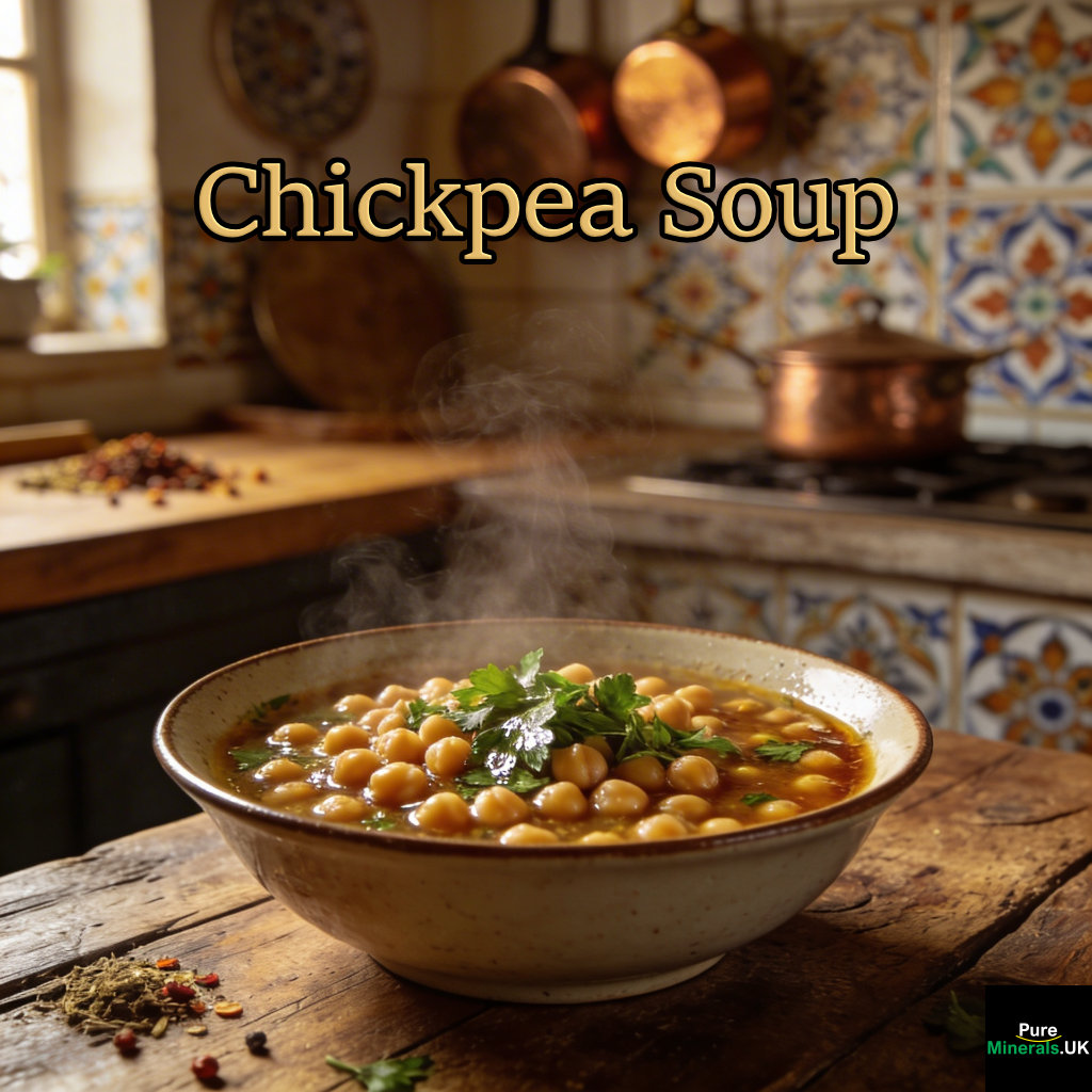 A steaming bowl of Mediterranean chickpea soup with whole chickpeas and herbs on a wooden table in a traditional Turkish kitchen with warm lighting and copper cookware.