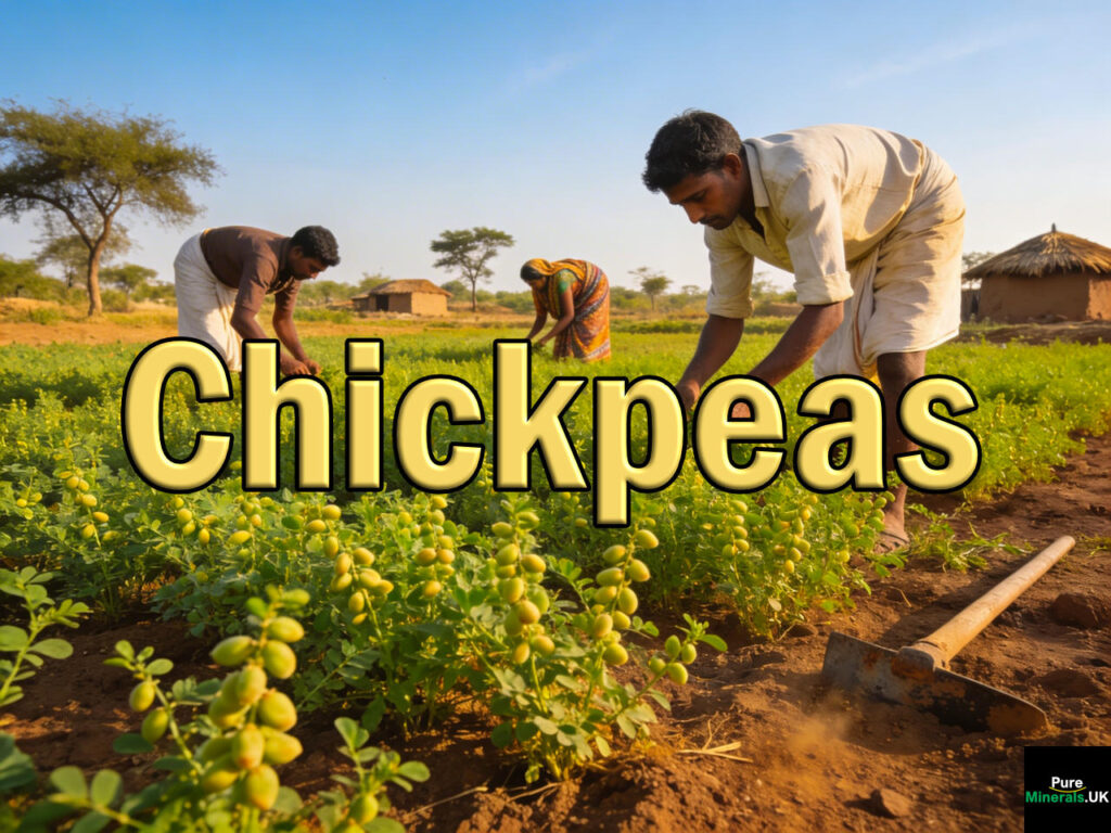 Chickpeas growing across an Indian farm with smallholder farmers tending crops under warm sunlight in a rural setting.