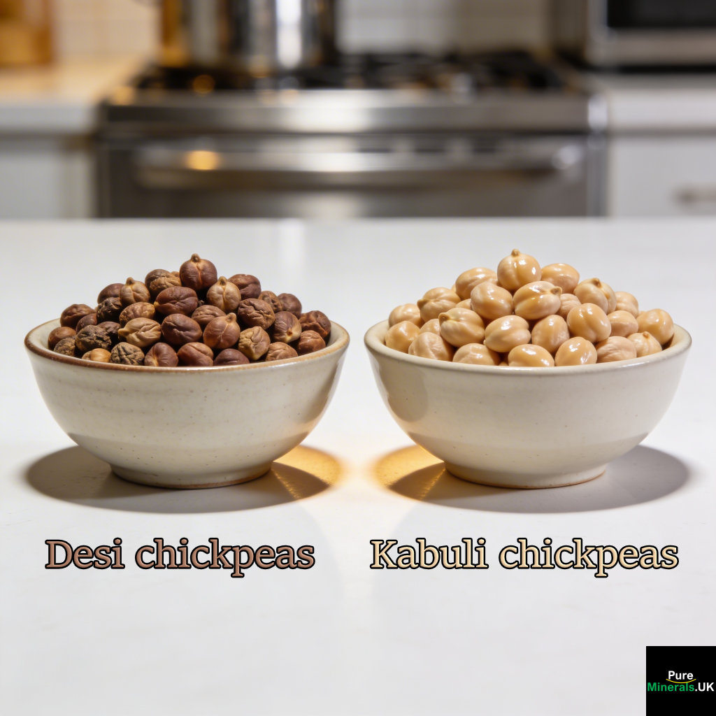 Two bowls of chickpeas on a kitchen countertop, one with small dark Desi chickpeas and the other with larger light-colored Kabuli chickpeas, shown side by side.