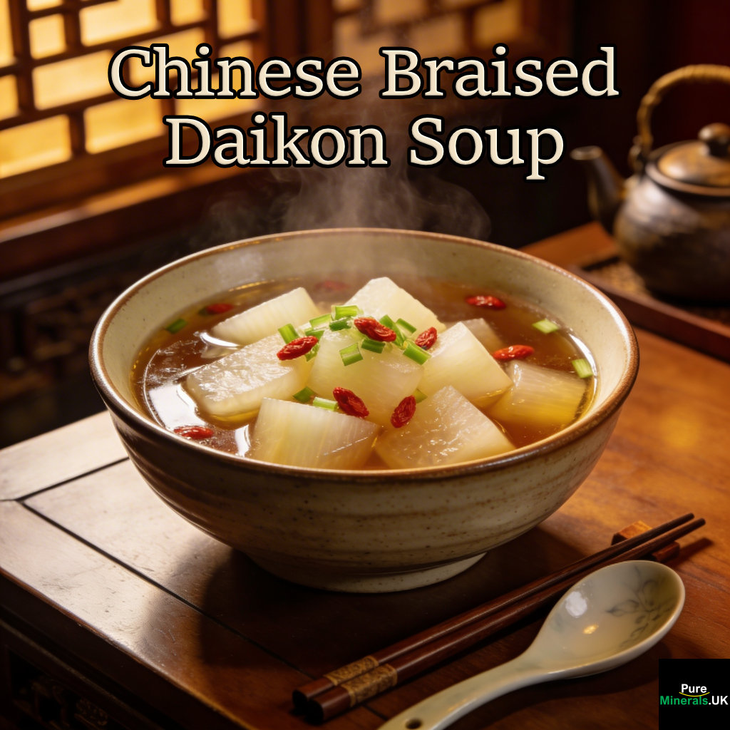 Bowl of Chinese braised daikon soup with tender daikon pieces in clear broth, garnished with scallions and goji berries on a table in a Chinese restaurant.