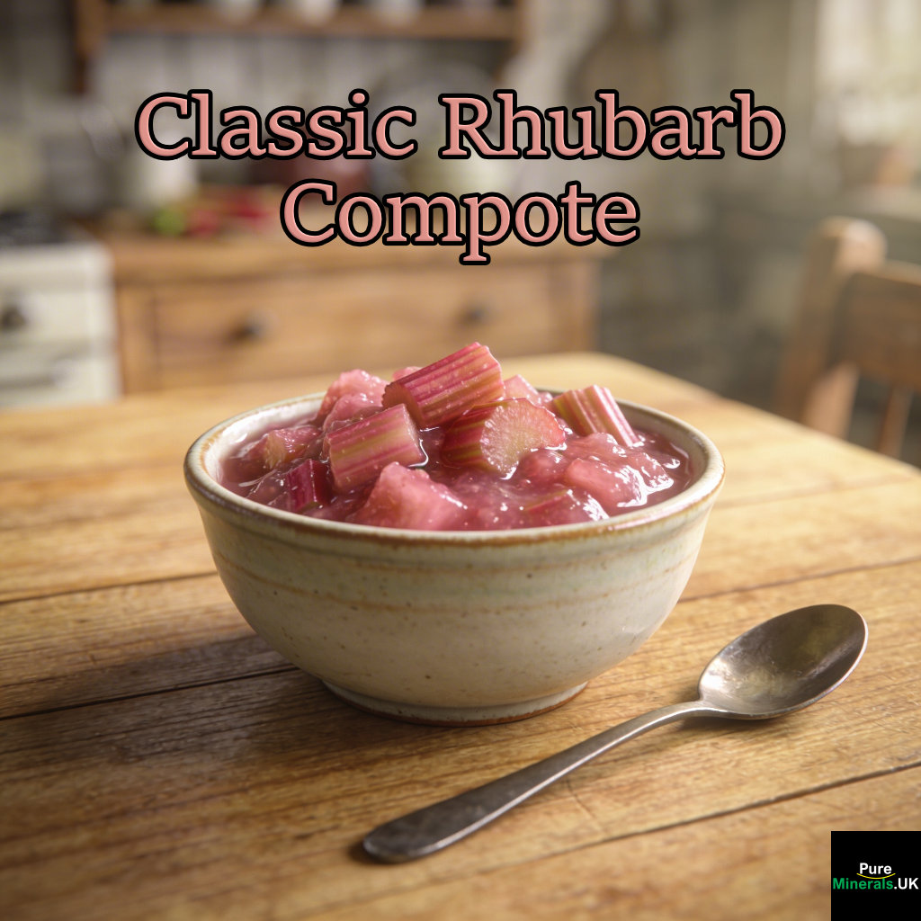 A bowl of rhubarb compote with a soft, jammy pink texture and visible fruit pieces, placed on a kitchen table.