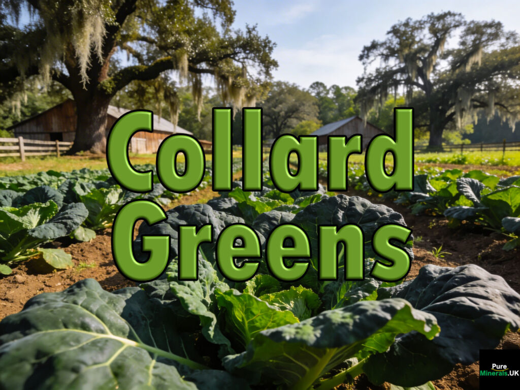 Rows of collard greens growing in a farm field in South Carolina with large leafy plants under warm daylight.